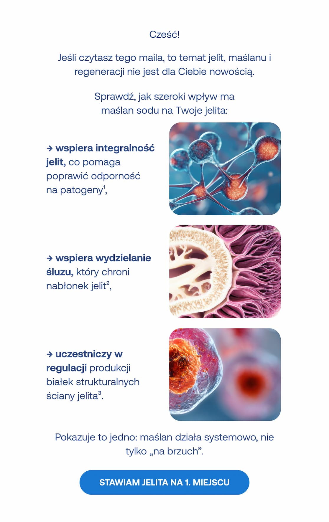 Jak maślan sodu wpływa na Twoje jelita: wspiera integralność bariery jelitowej, wydzielanie śluzu ochronnego i regulację białek strukturalnych.