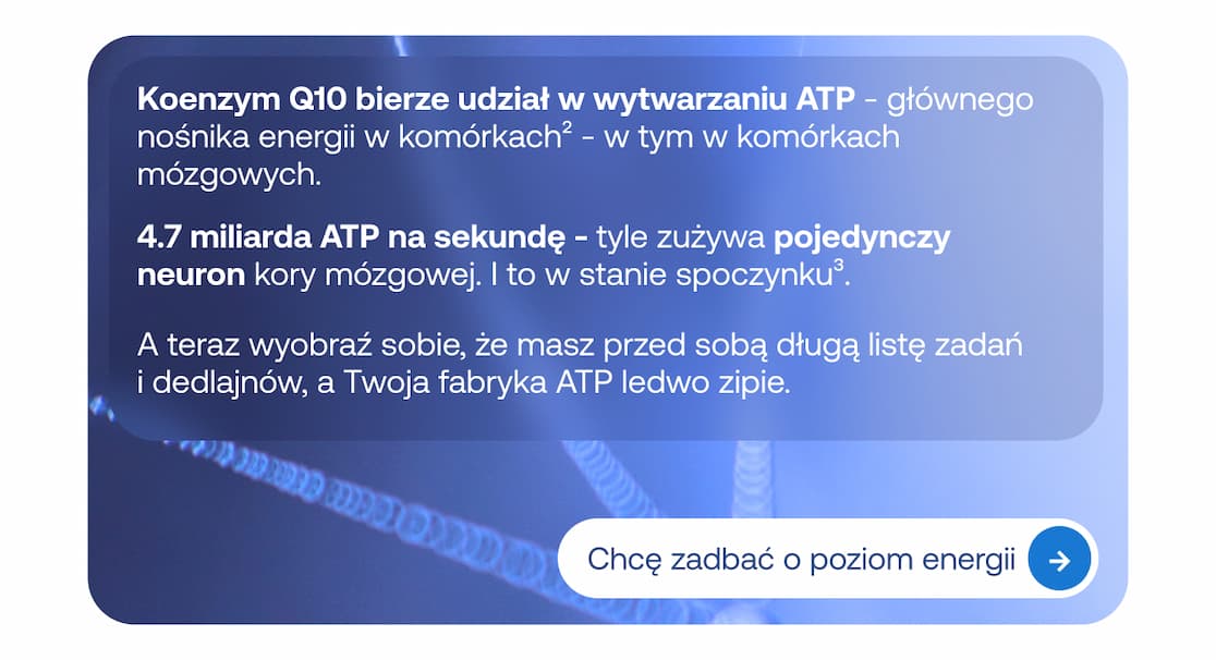 Grafika przedstawiająca strukturę komórkową lub neuron na niebieskim tle. Tekst wyjaśnia rolę Q10 w wytwarzaniu ATP – nośnika energii w komórkach. Przycisk: Chcę zadbać o poziom energii.