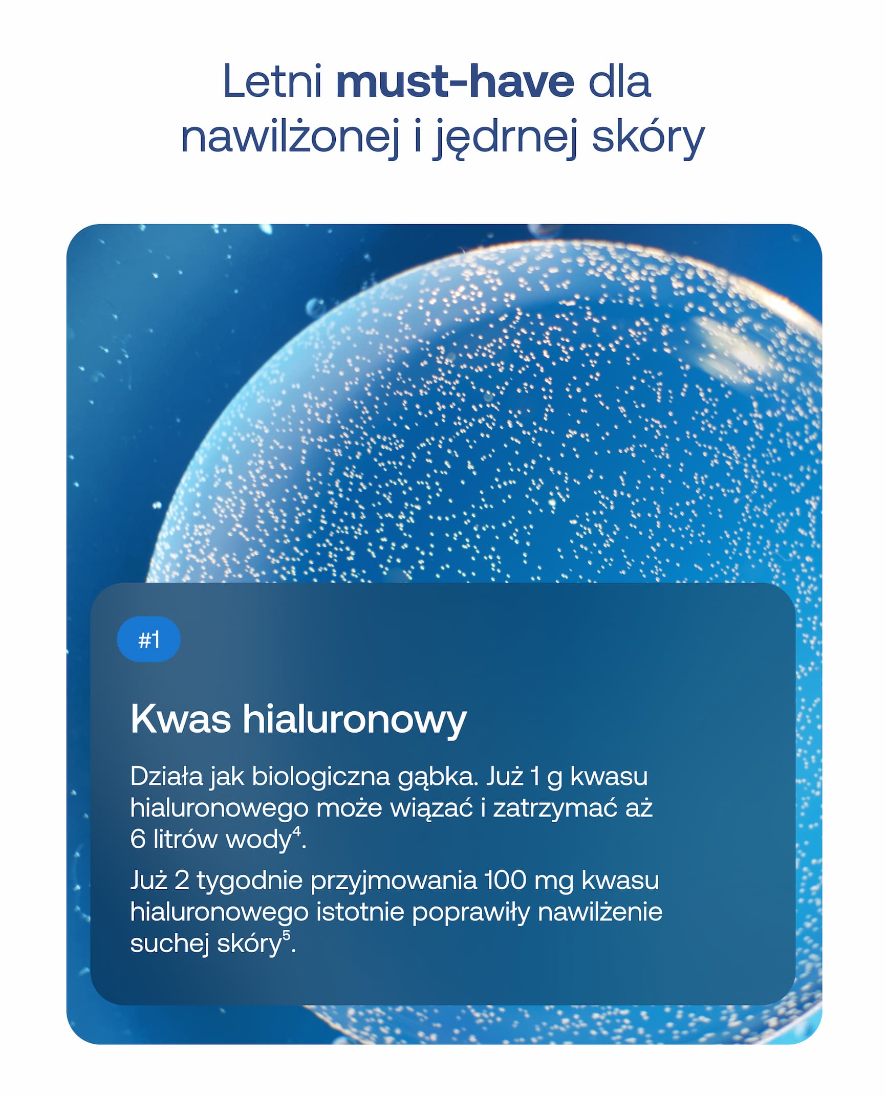 Letni must-have dla nawilżonej i jędrnej skóry #1 Kwas hialuronowy Działa jak biologiczna gąbka. Już 1 g kwasu hialuronowego może wiązać i zatrzymać aż 6 litrów wody⁴. Już 2 tygodnie przyjmowania 100 mg kwasu hialuronowego istotnie poprawiły nawilżenie suchej skóry⁵.