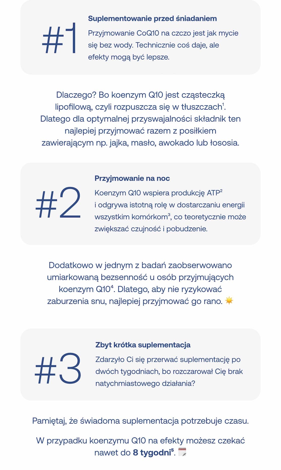 Infografika opisująca 3 błędy: 1. Suplementowanie przed śniadaniem (Q10 najlepiej przyswaja się z tłuszczami). 2. Przyjmowanie na noc (może zwiększać czujność i utrudniać sen). 3. Zbyt krótka suplementacja (na efekty można czekać do 8 tygodni).