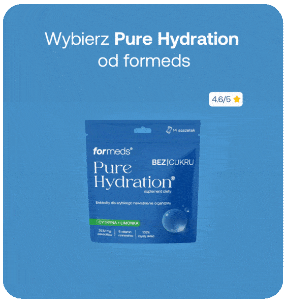 Wybierz Pure Hydration od formeds. Aż 3532 mg elektrolitów w porcji. 5 witamin z grupy B. Nawadnia szybciej niż sama woda. Tylko naturalne aromaty. 4 pyszne smaki do wyboru. 4,6/5★. 14 saszetek. Bez cukru.