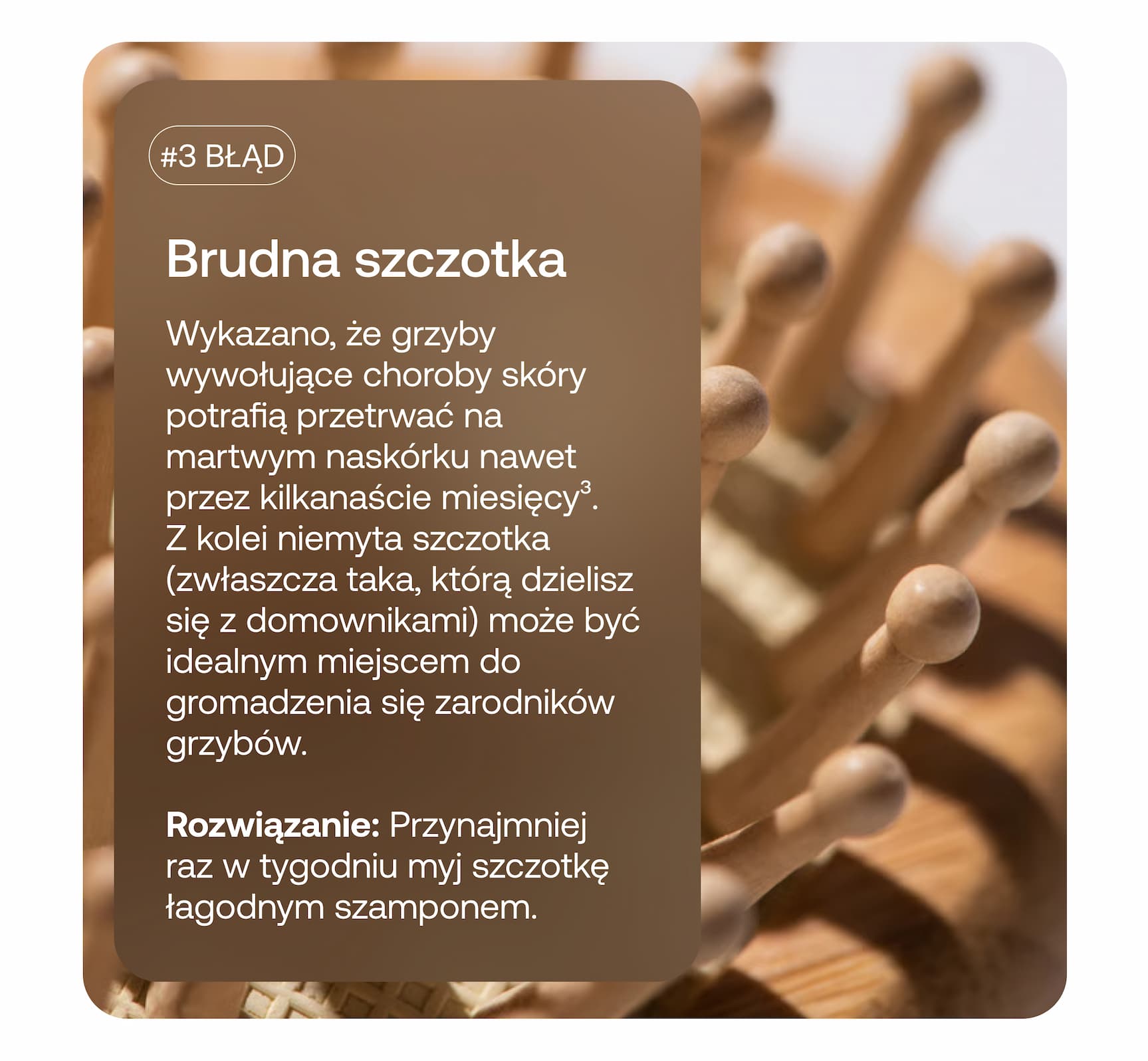 #3 BŁĄD Brudna szczotka Wykazano, że grzyby wywołujące choroby skóry potrafią przetrwać na martwym naskórku nawet przez kilkanaście miesięcy³. Z kolei niemyta szczotka (zwłaszcza taka, którą dzielisz się z domownikami) może być idealnym miejscem do gromadzenia się zarodników grzybów. Rozwiązanie: Przynajmniej raz w tygodniu myj szczotkę łagodnym szamponem.