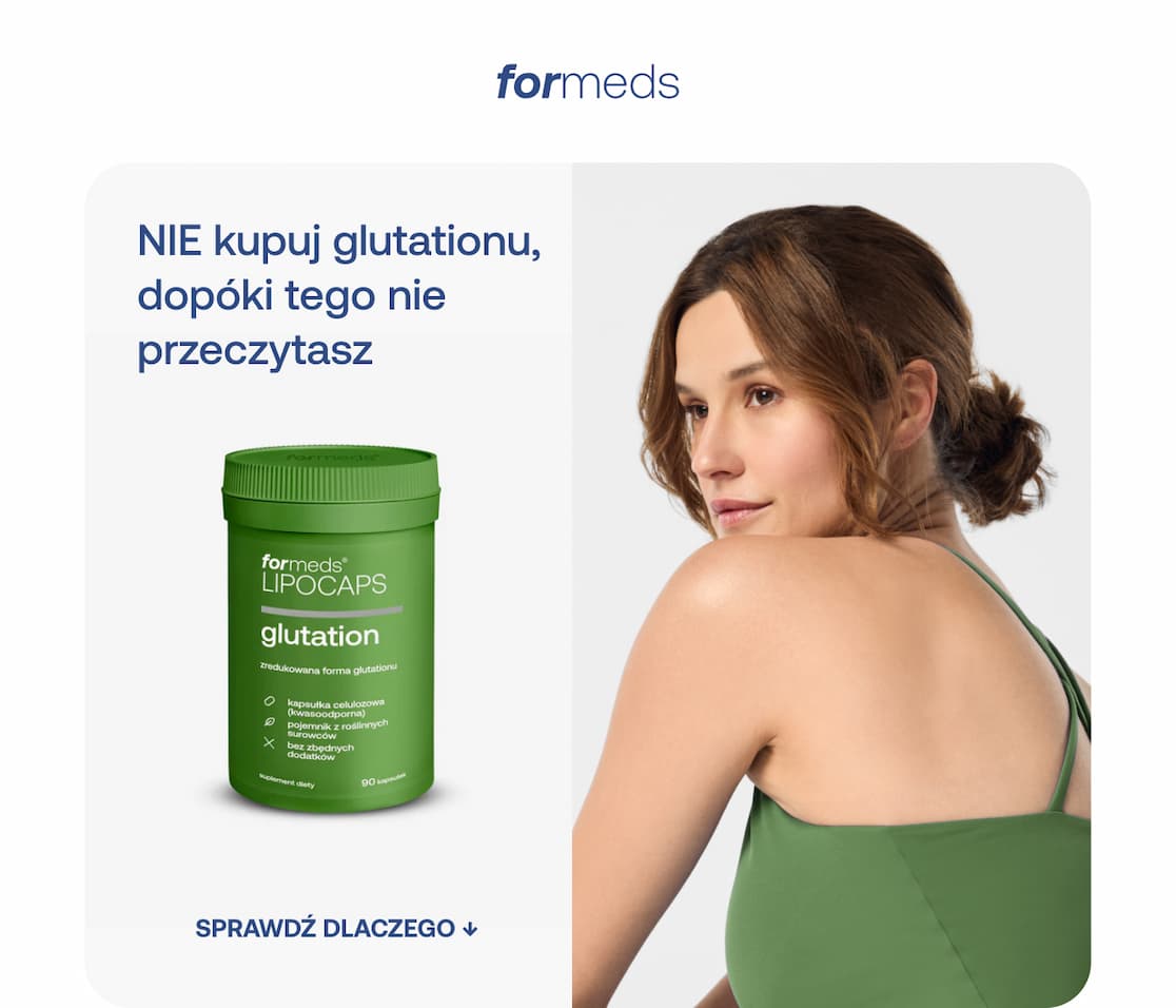 Nie kupuj glutationu, dopóki tego nie przeczytasz. Zdjęcie suplementu formeds LIPOCAPS glutation i kobiety. Przycisk: Sprawdź dlaczego.