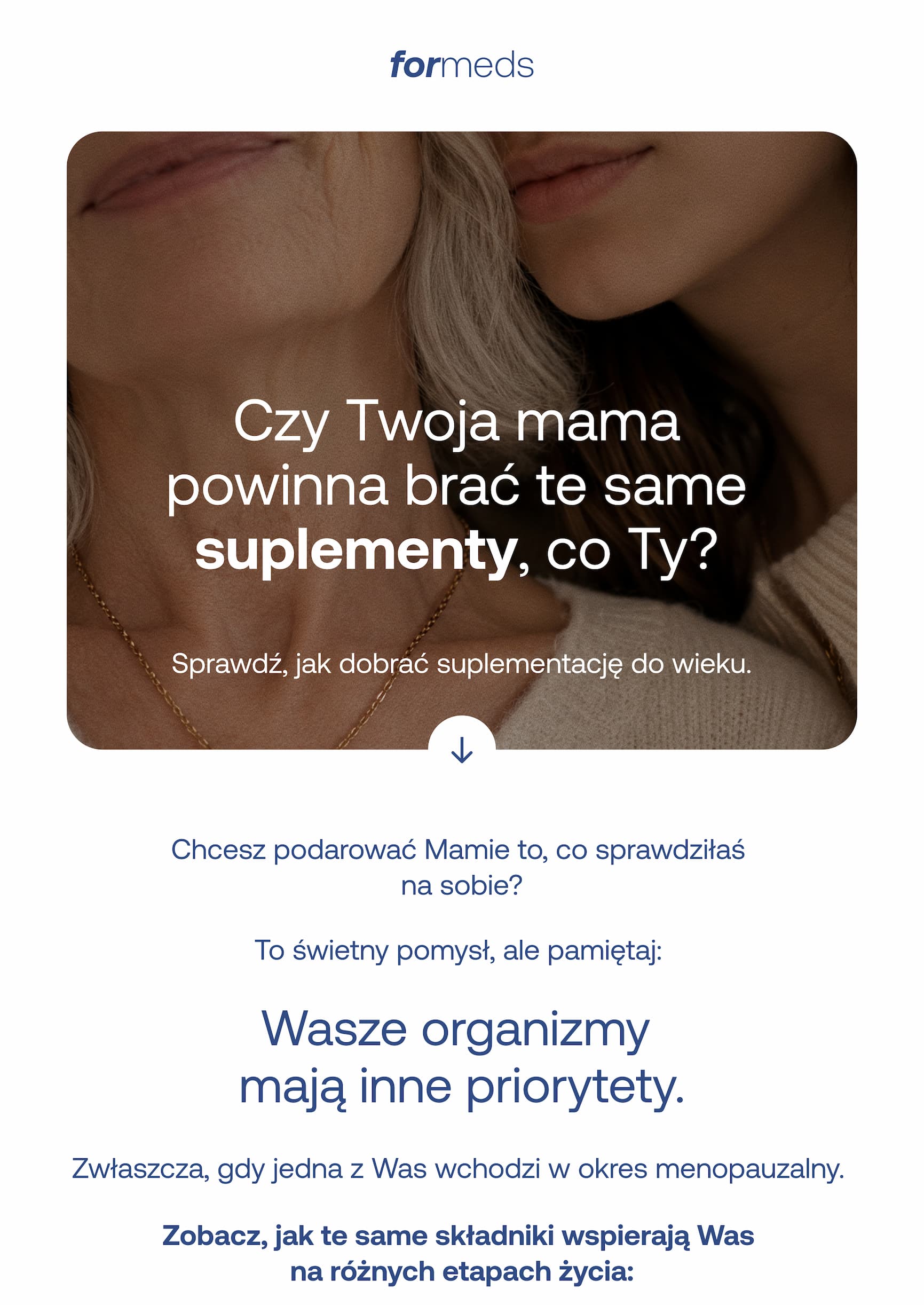 Czy Twoja mama powinna brać te same suplementy, co Ty? Sprawdź, jak dobrać suplementację do wieku. Chcesz podarować Mamie to, co sprawdziłaś na sobie? To świetny pomysł, ale pamiętaj: Wasze organizmy mają inne priorytety. Zwłaszcza, gdy jedna z Was wchodzi w okres menopauzalny. Zobacz, jak te same składniki wspierają Was na różnych etapach życia