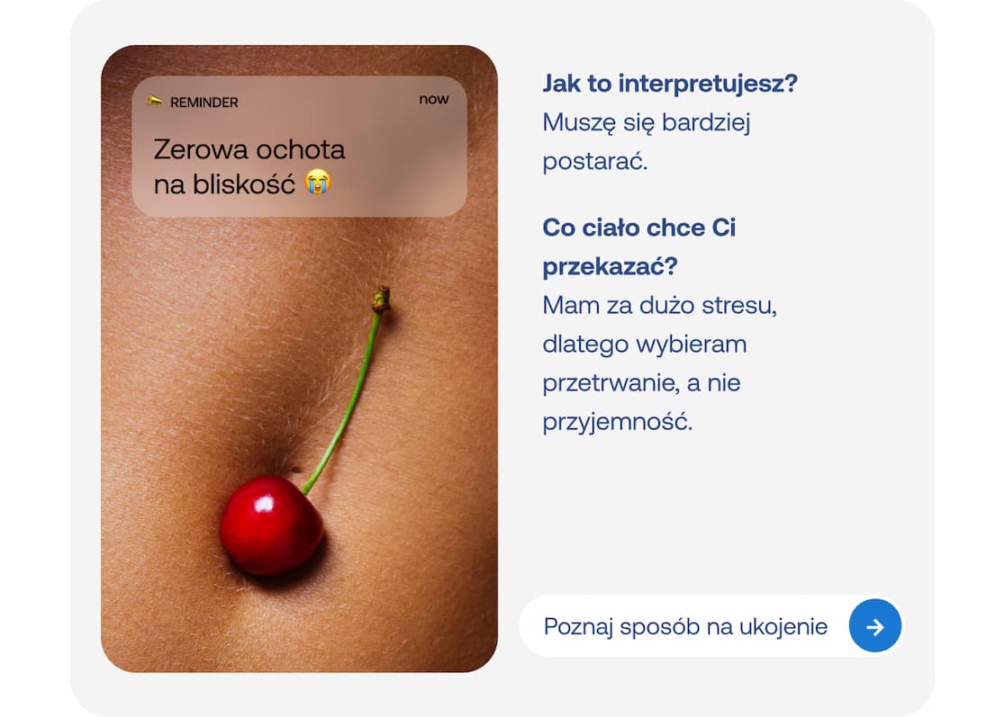 Zdjęcie brzucha z wisienką i powiadomieniem: Zerowa ochota na bliskość. Wyjaśnienie, że z powodu stresu organizm wybiera przetrwanie zamiast przyjemności. Przycisk: Poznaj sposób na ukojenie.