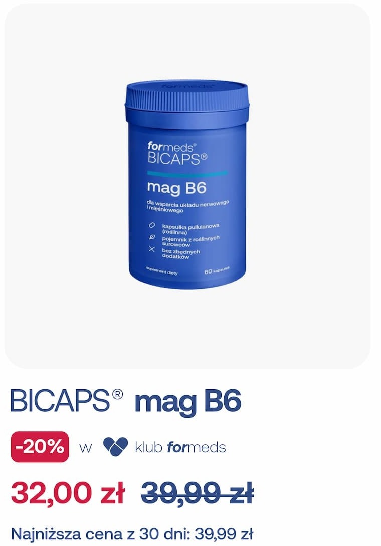 BICAPS® mag B6 -20% w klub formeds 32,00 zł 39,99 zł Najniższa cena z 30 dni: 39,99 zł 