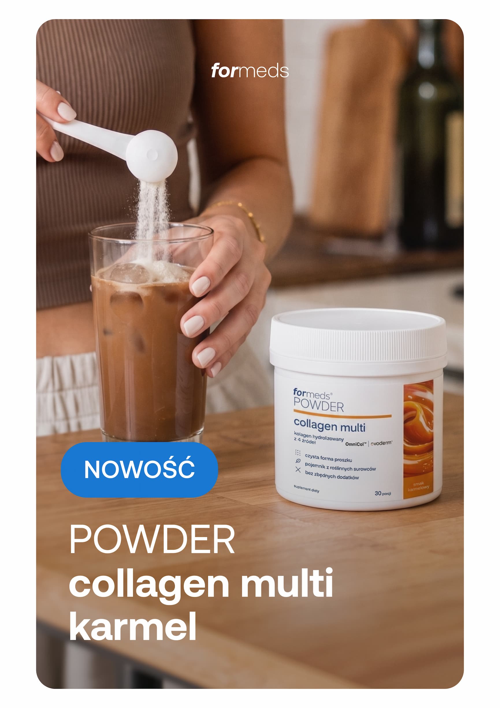 NOWOŚĆ POWDER collagen multi karmel. Kolagen hydrolizowany z 4 źródeł. Czysta forma proszku, pojemnik z roślinnych surowców, bez zbędnych dodatków. Smak karmelowy. 30 porcji. Suplement diety.