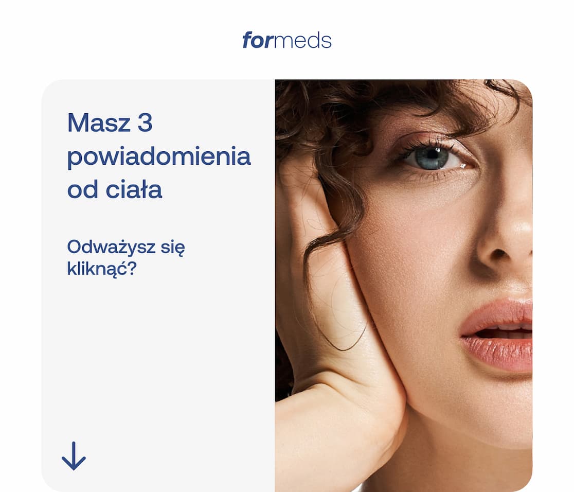 Masz 3 powiadomienia od ciała. Odważysz się kliknąć? Strzałka skierowana w dół.