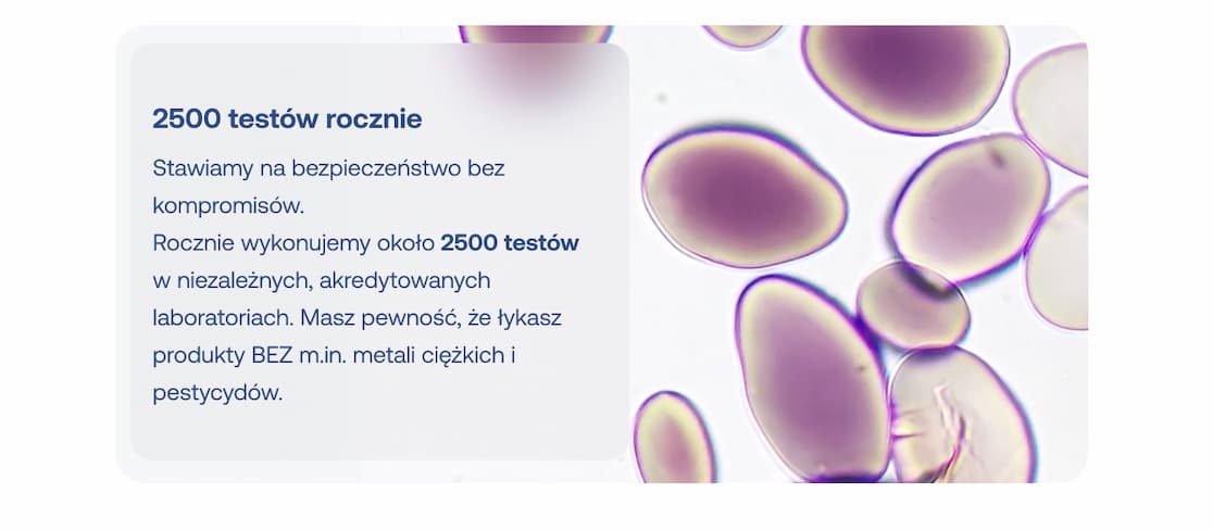 Wykonujemy 2500 testów rocznie w niezależnych laboratoriach, aby zapewnić czystość suplementów od metali ciężkich i pestycydów