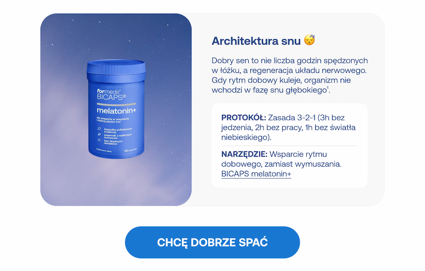 Karta produktowa z suplementem BICAPS melatonin+ na tle nocnego nieba. Nagłówek: "Architektura snu". Tekst wyjaśnia, że dobry sen to regeneracja układu nerwowego, a nie tylko czas w łóżku. Grafika przedstawia "Protokół: Zasada 3-2-1" (3h bez jedzenia, 2h bez pracy, 1h bez światła niebieskiego) oraz polecane narzędzie: BICAPS melatonin+ jako wsparcie rytmu dobowego. Przycisk na dole: "CHCĘ DOBRZE SPAĆ".