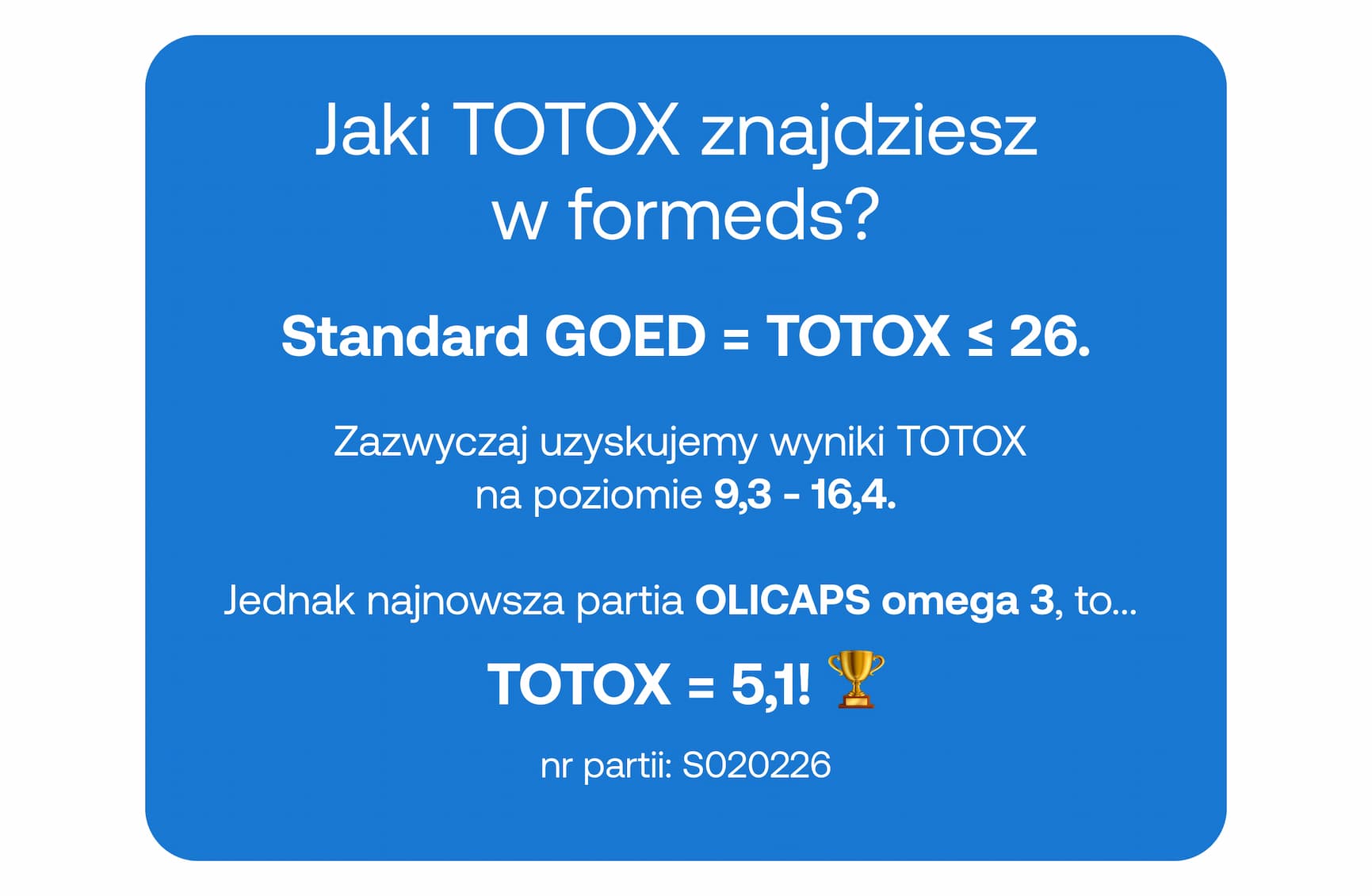 Informacja o wynikach TOTOX: Standard GOED to ≤ 26. Wyniki formeds zazwyczaj mieszczą się w przedziale 9,3 – 16,4. Najnowsza partia OLICAPS omega 3 (nr 208989/26/GDY) osiągnęła rekordowy wynik TOTOX = 5,1! Nr partii: 208989/26/GDY
