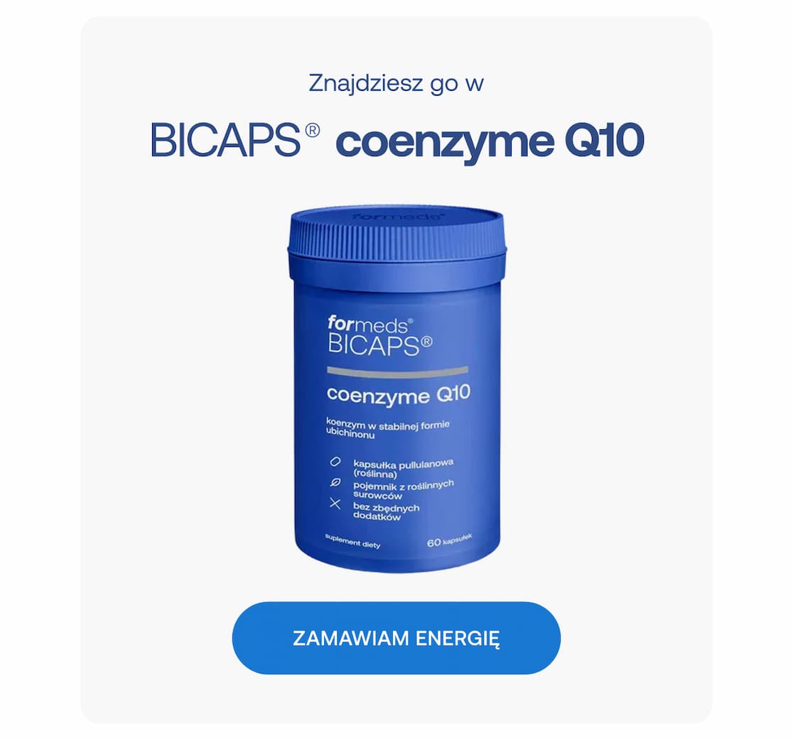 Niebieski słoiczek suplementu BICAPS coenzyme Q10 marki Formeds na jasnym tle. Napis: Znajdziesz go w BICAPS coenzyme Q10. Przycisk: Zamawiam energię.