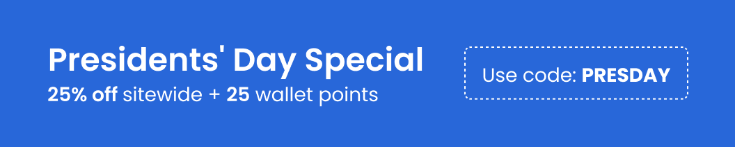 25% off sitewide + 25 wallet points | Use code : PRESDAY 