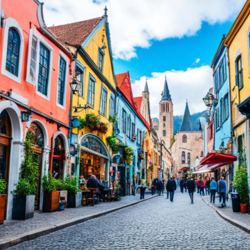 a cobbled street with rows of colorful houses