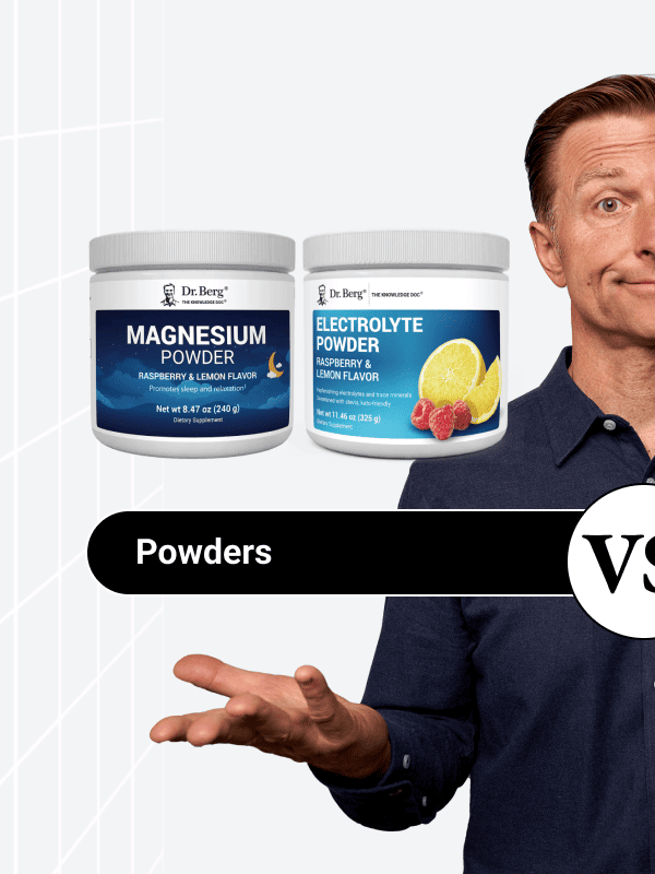 Dr. Berg pointing at powder options, magnesium and electrolyte.