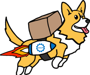 Charlie the corgi flying a Corgi Express package