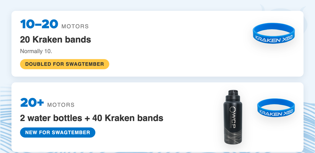 Swagtember Kraken order bonus. 10 to 20 motors gets 20 Kraken bands, normally 10, doubled for Swagtember. 20 or more motors gets 2 water bottles and 40 Kraken bands, new for Swagtember.