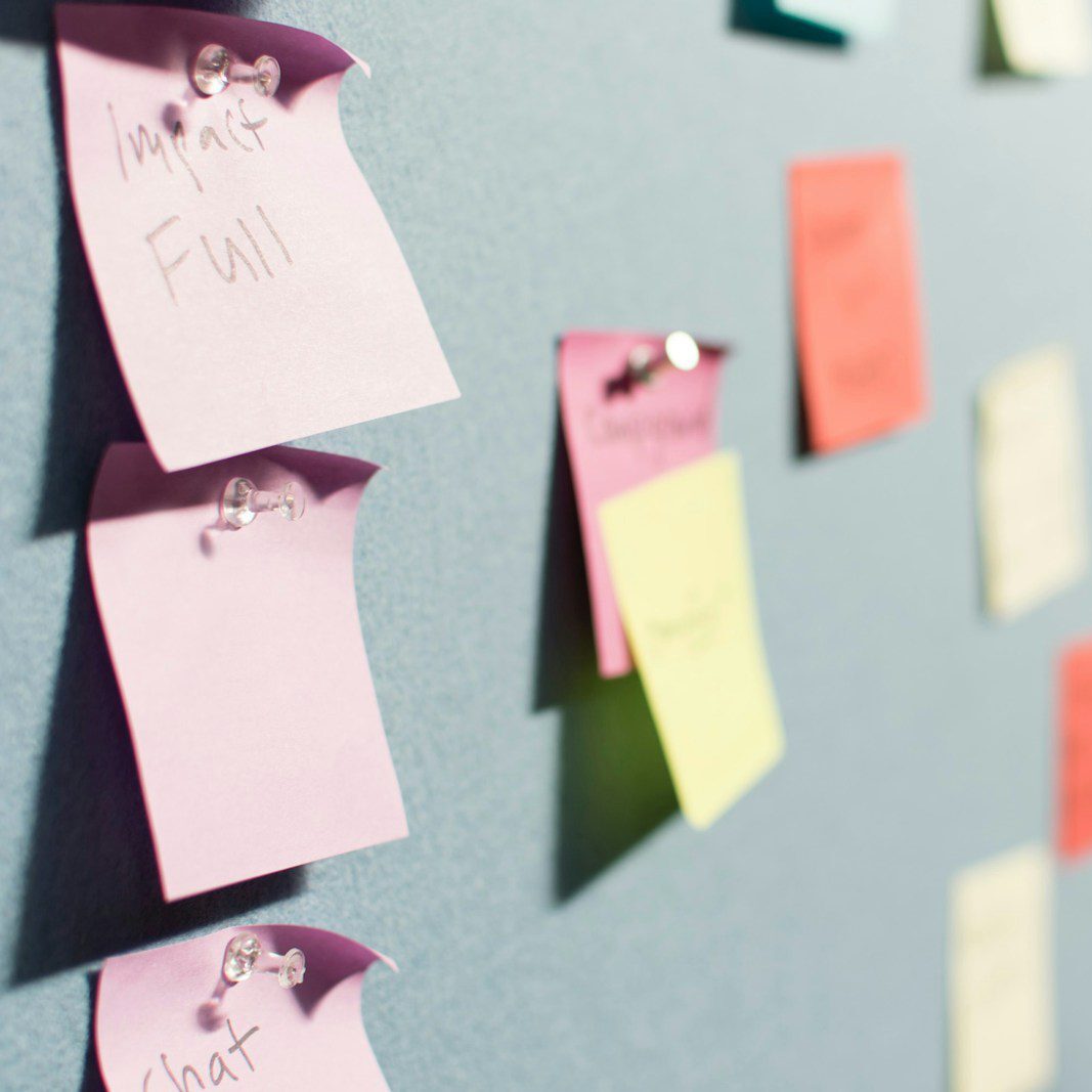 Sticky notes on an office wall