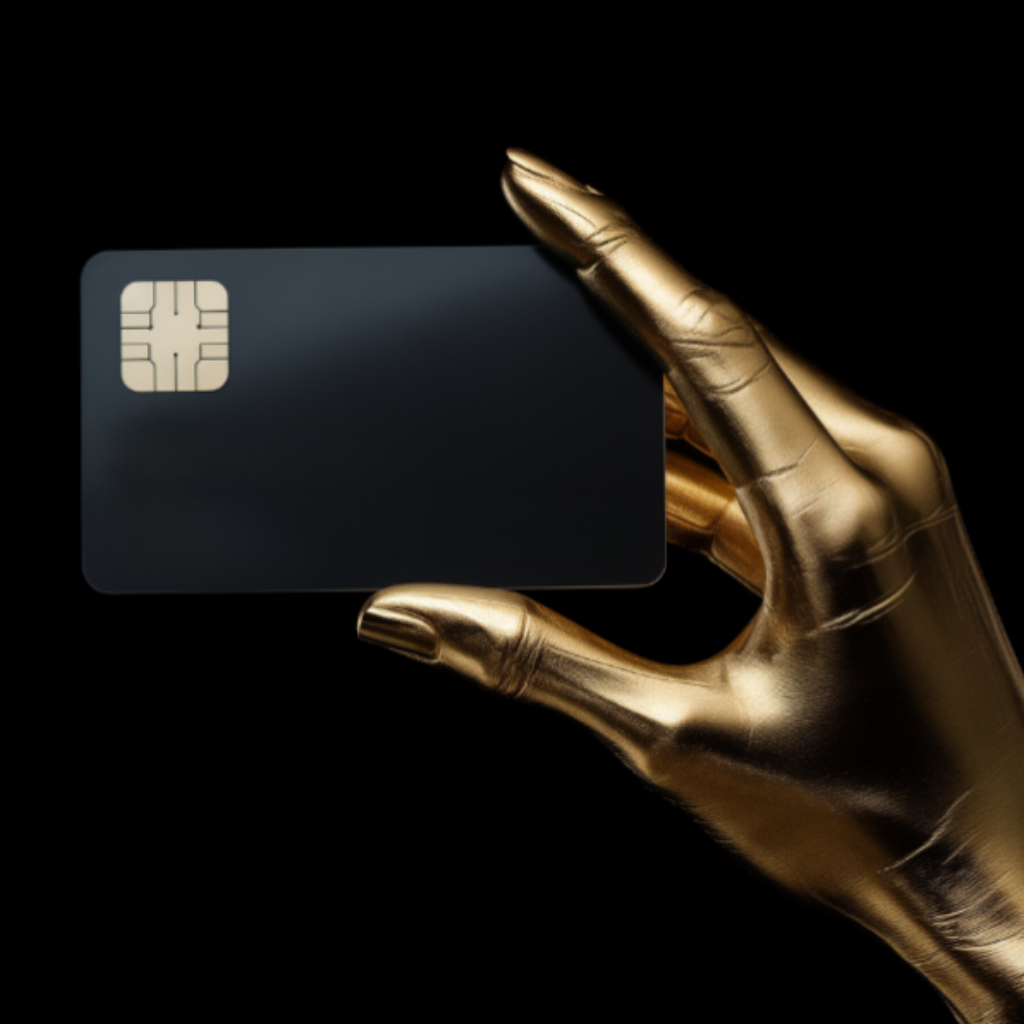 A gold-colored hand holding a credit card