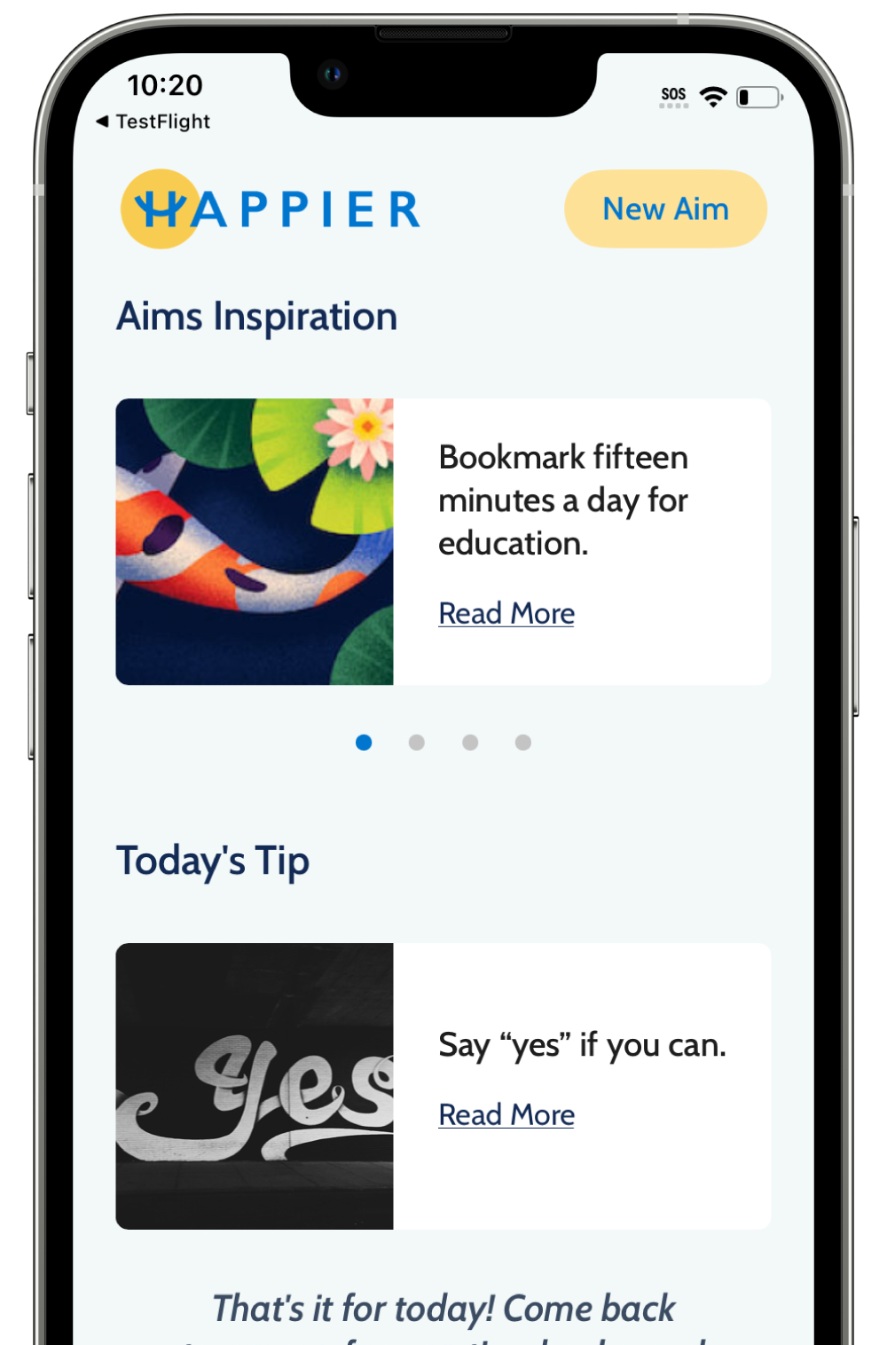Happier app screenshot of homescreen
