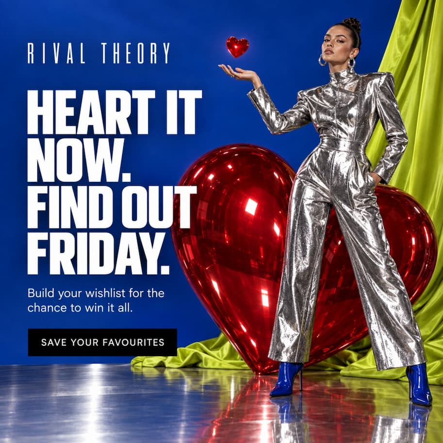 Rival Theory campaign creative: Heart it now. Find out Friday. Build your wishlist for the chance to win it all.