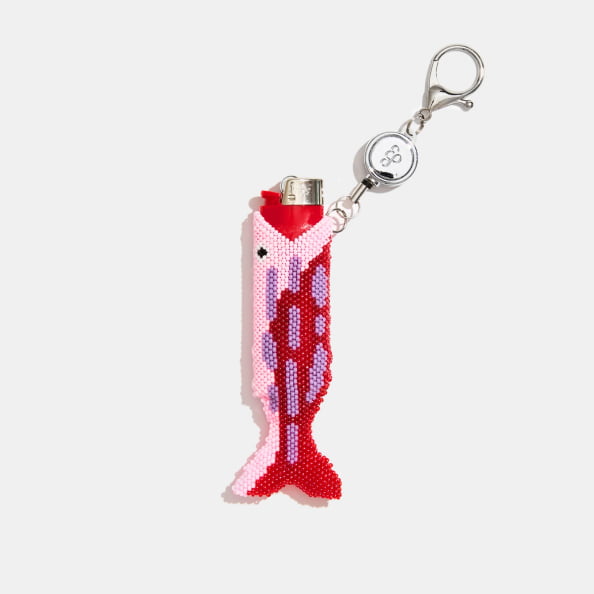 retractable lighter keychain in red beaded fish