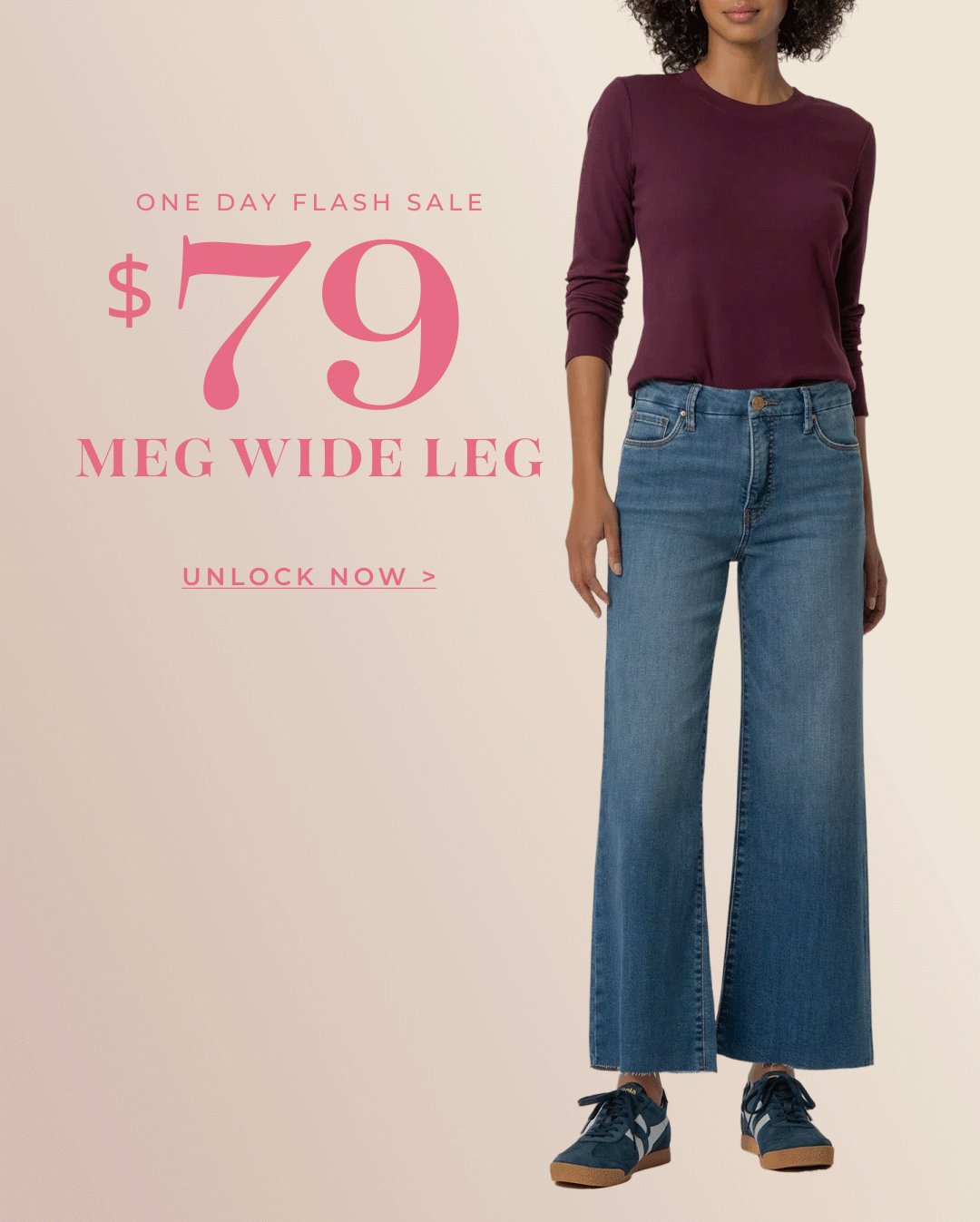 an image of a woman in a purple shirt and jeans