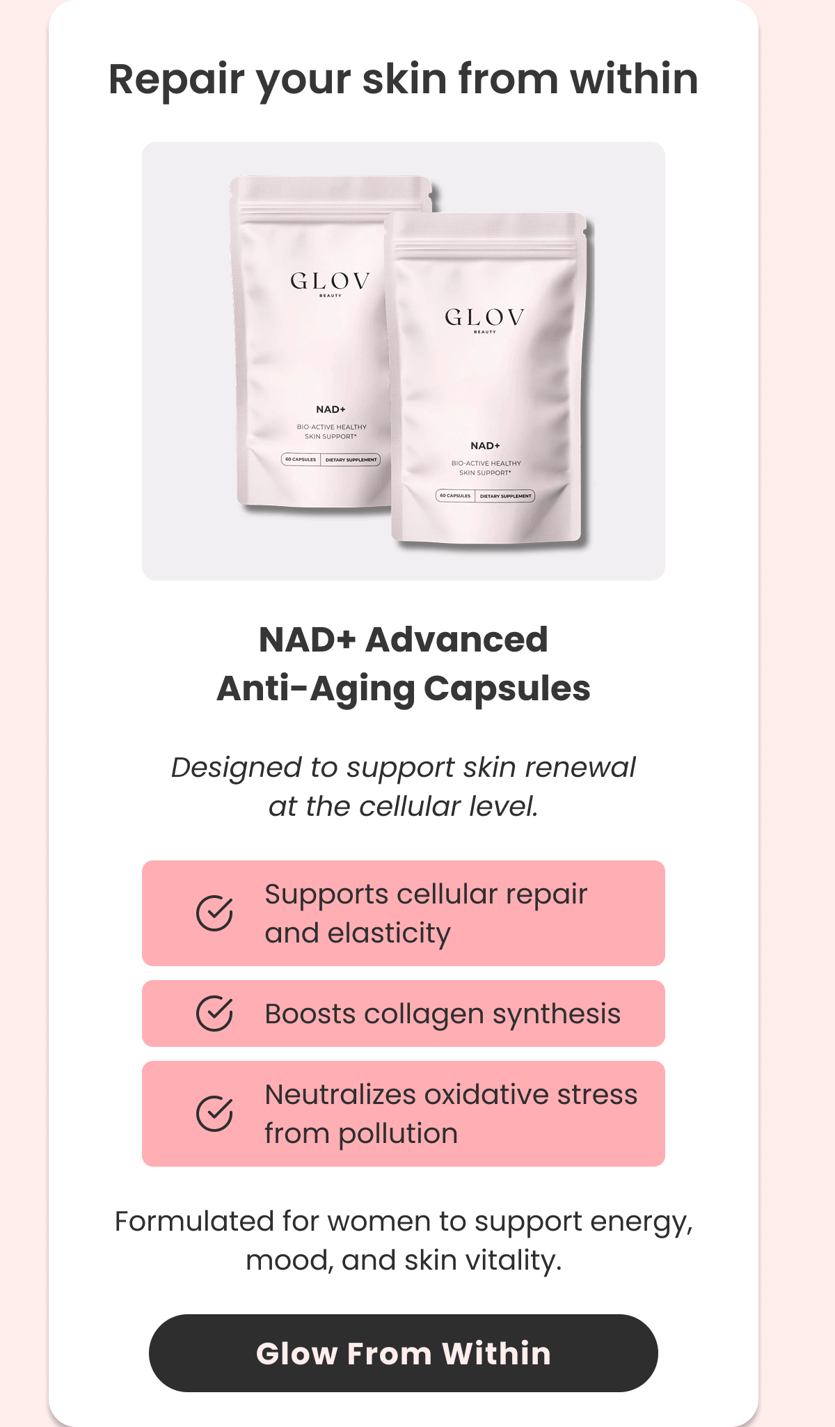 NAD+ Advanced Anti-Aging Capsules Designed to support skin renewal at the cellular level.