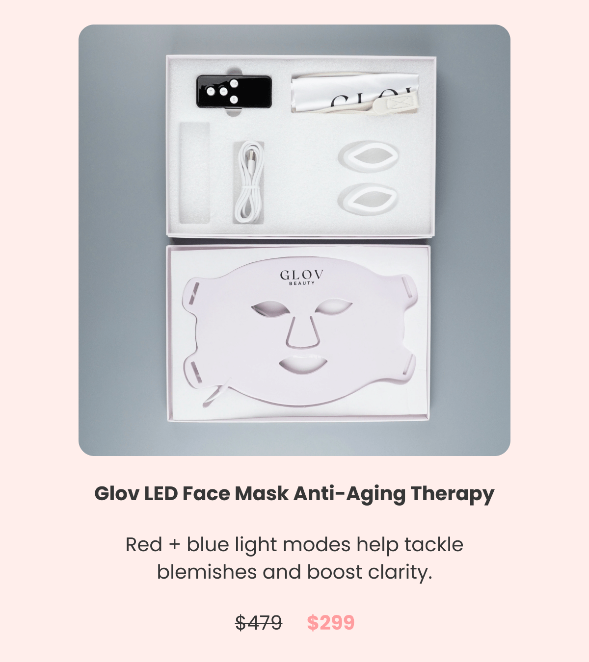 LED Face Mask Anti-Aging Therapy Red + blue light modes help tackle blemishes and boost clarity.