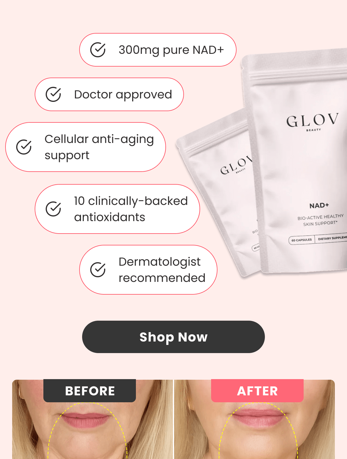 300mg pure NAD+ Doctor approved Cellular anti-aging support 10 clinically-backed antioxidants Dermatologist recommended