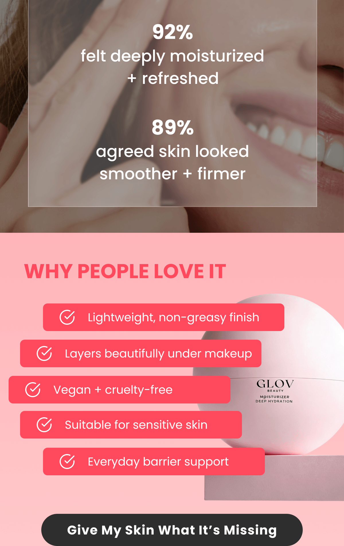 95% said skin looked more radiant + hydrated  92% felt deeply moisturized + refreshed  89% agreed skin looked smoother + firmer