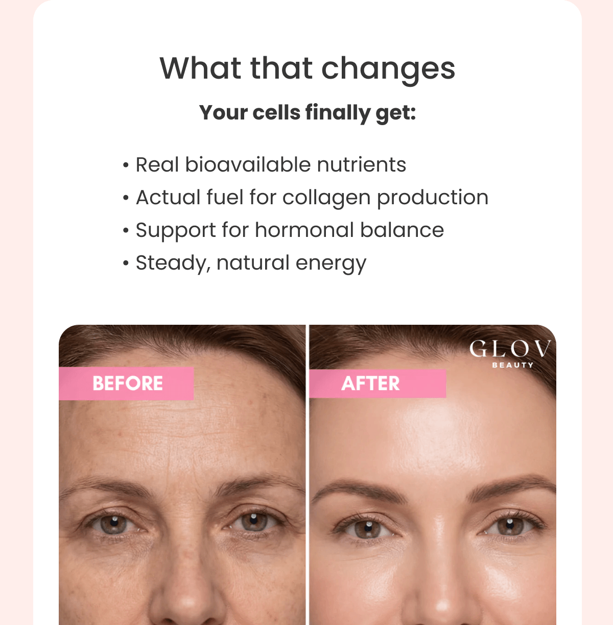 What that changes Your cells finally get: • Real bioavailable nutrients • Actual fuel for collagen production • Support for hormonal balance • Steady, natural energy