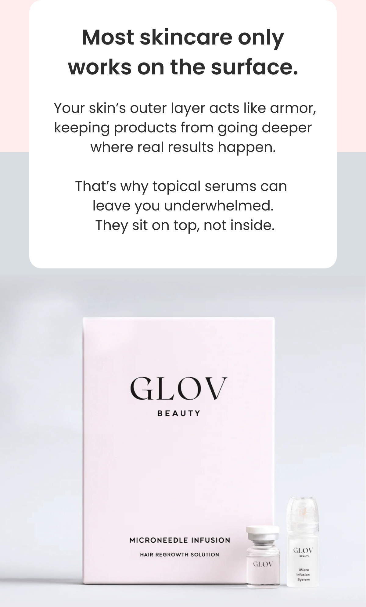 Most skincare only works on the surface.  Your skin's outer layer acts like armor, keeping products from going deeper where real results happen.  That's why topical serums can  leave you underwhelmed.  They sit on top, not inside.