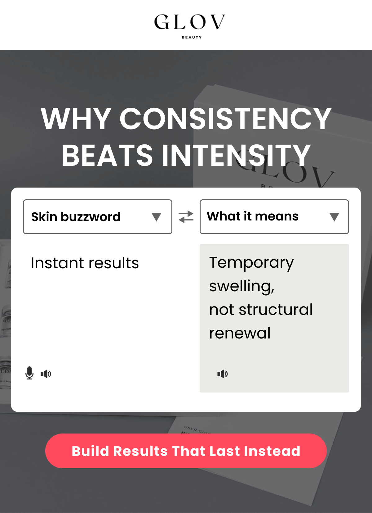 WHY CONSISTENCY BEATS INTENSITY Skin buzzword What it means Instant results Temporary swelling, not structural renewal