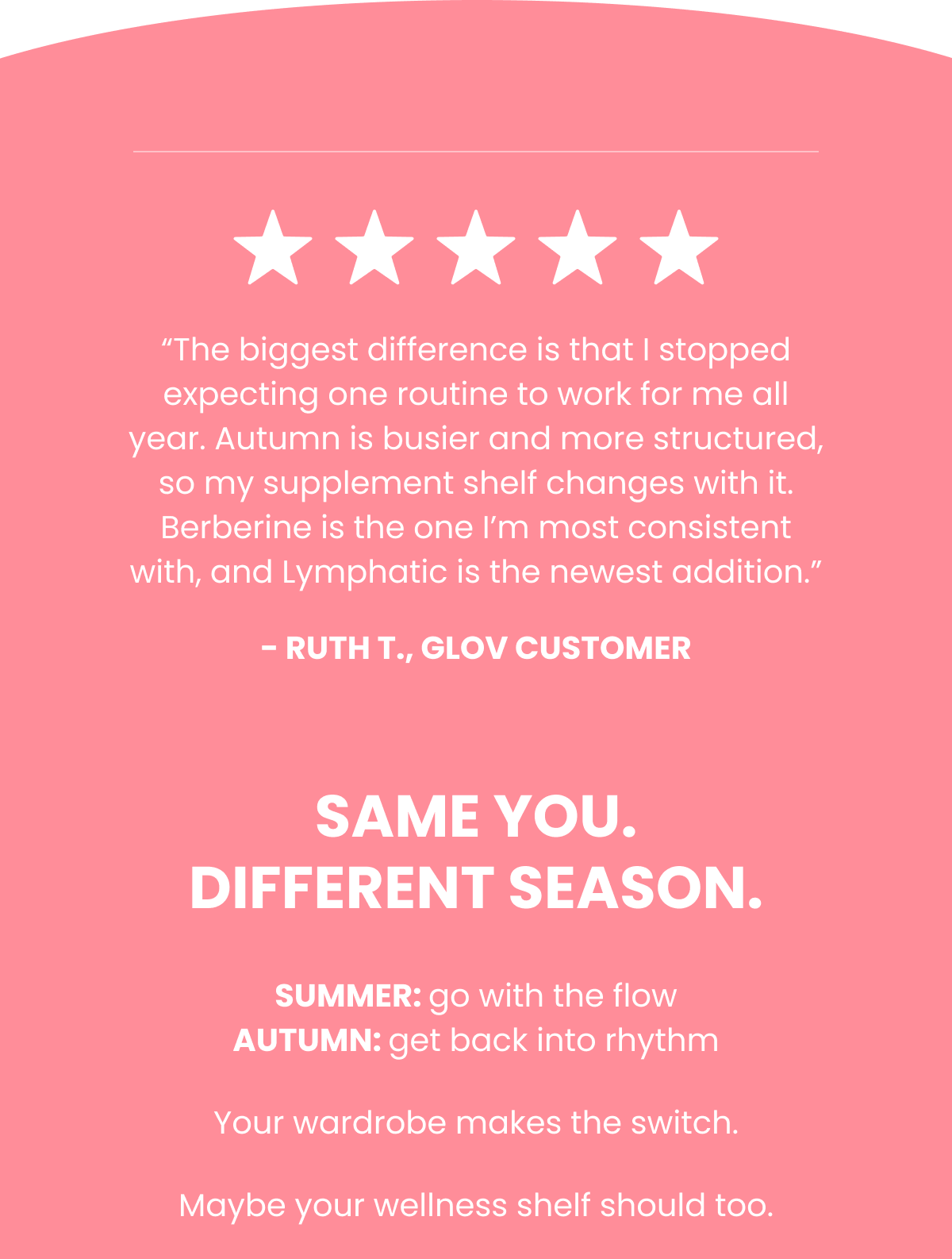“The biggest difference is that I stopped expecting one routine to work for me all year. Autumn is busier and more structured, so my supplement shelf changes with it. Berberine is the one I’m most consistent with, and Lymphatic is the newest addition.” - Ruth T.