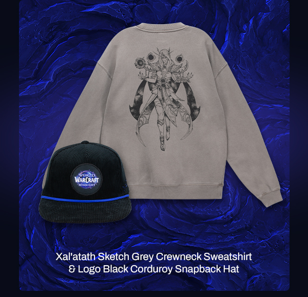 Xal'atath Sketch Grey Crewneck Sweatshirt & Logo Black Corduroy Snapback Hat