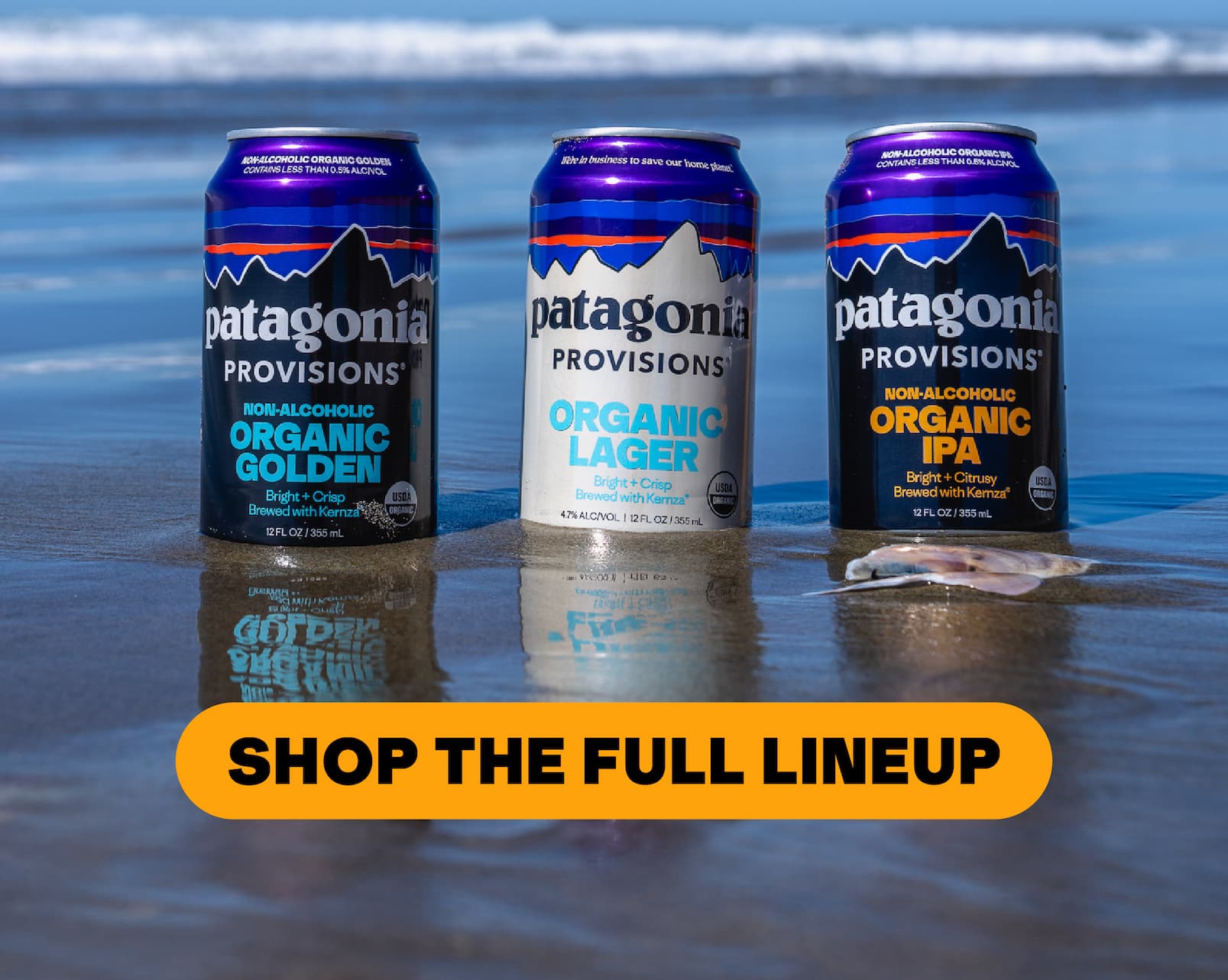 Image of our Patagonia Provisions organic brews on the beach with a button to shop the full lineup