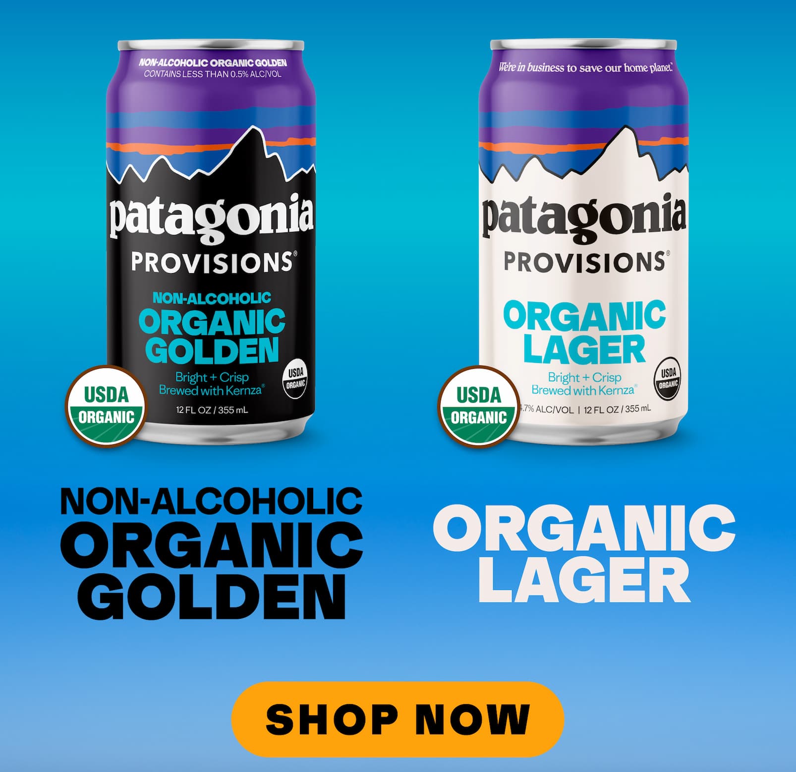 Image of our Patagonia provisions organic lager and non-alcoholic golden with a shop now button