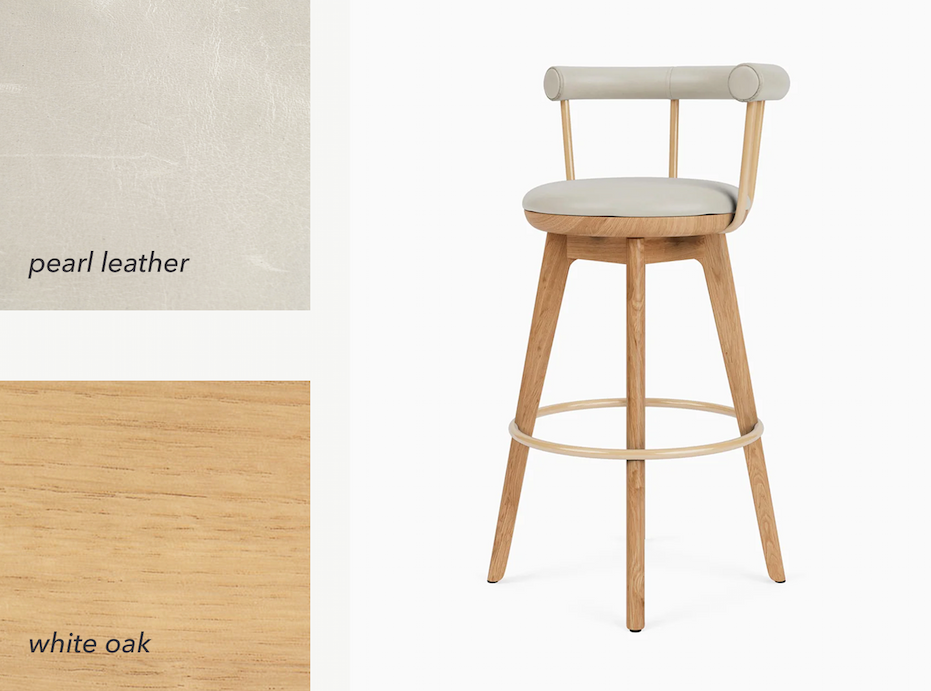 The keystone counterstools in pearl leather and white oak