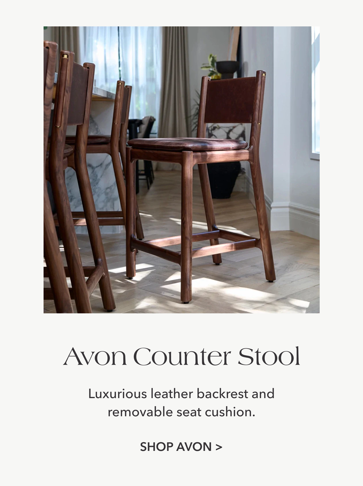 Avon Counter Stools — Luxurious leather backrest and removable seat cushion.