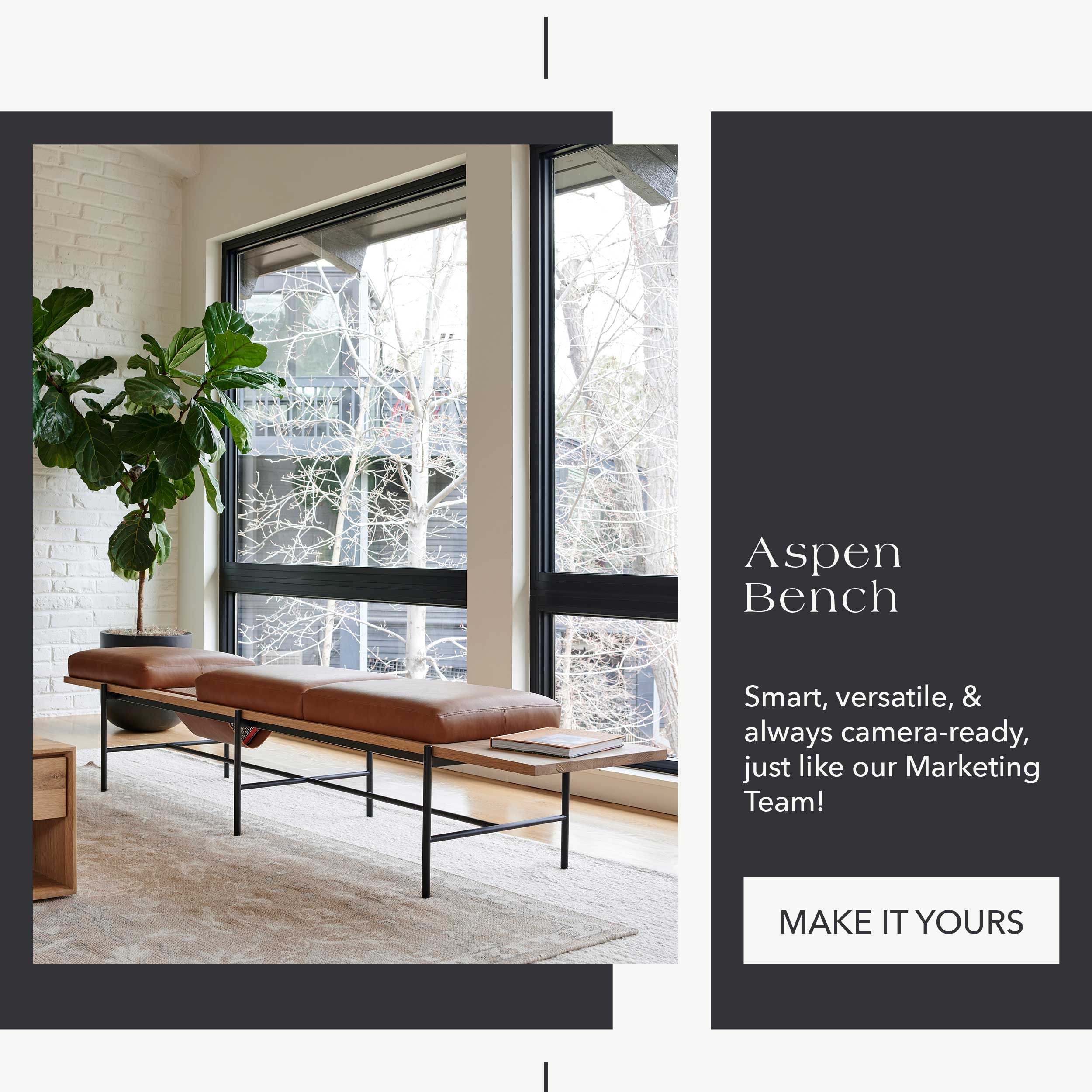 Aspen Bench Smart, versatile, and always camera-ready, just like our marketing team!  