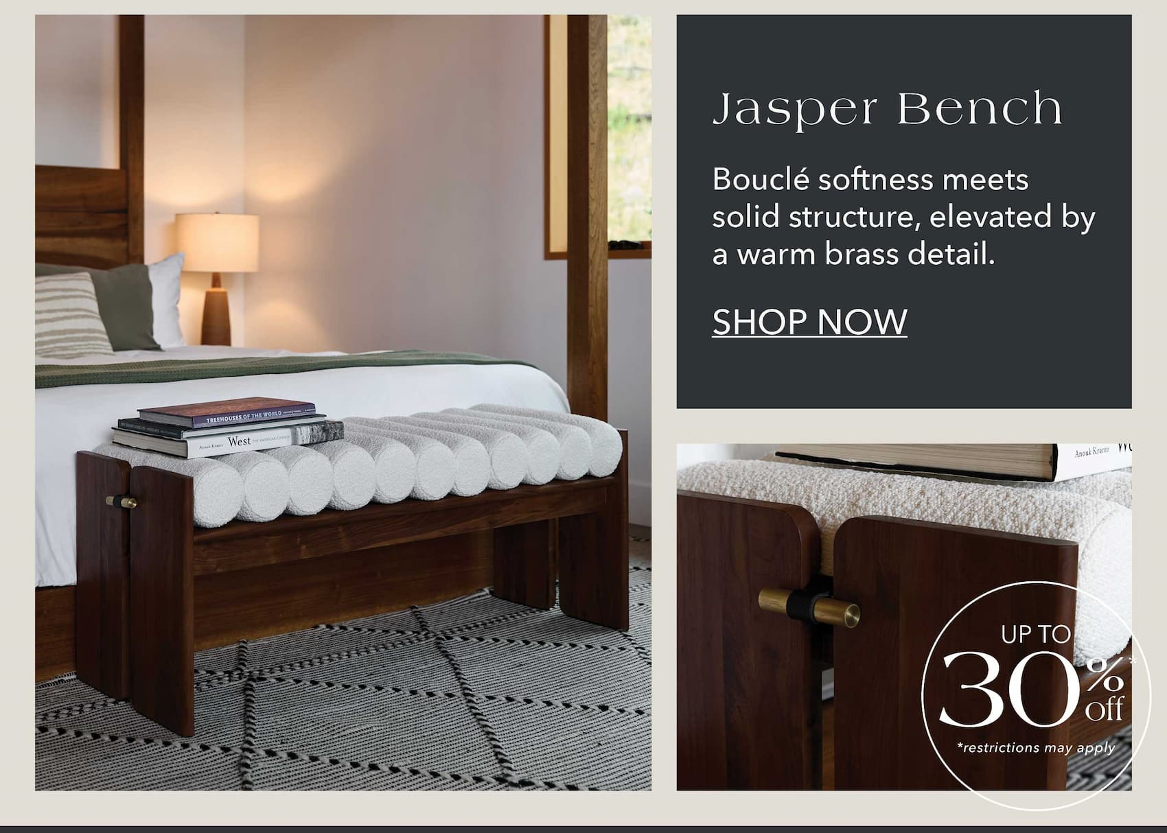Jasper Bench, boucle softness meets solid structure, elevated by a warm brass detail.