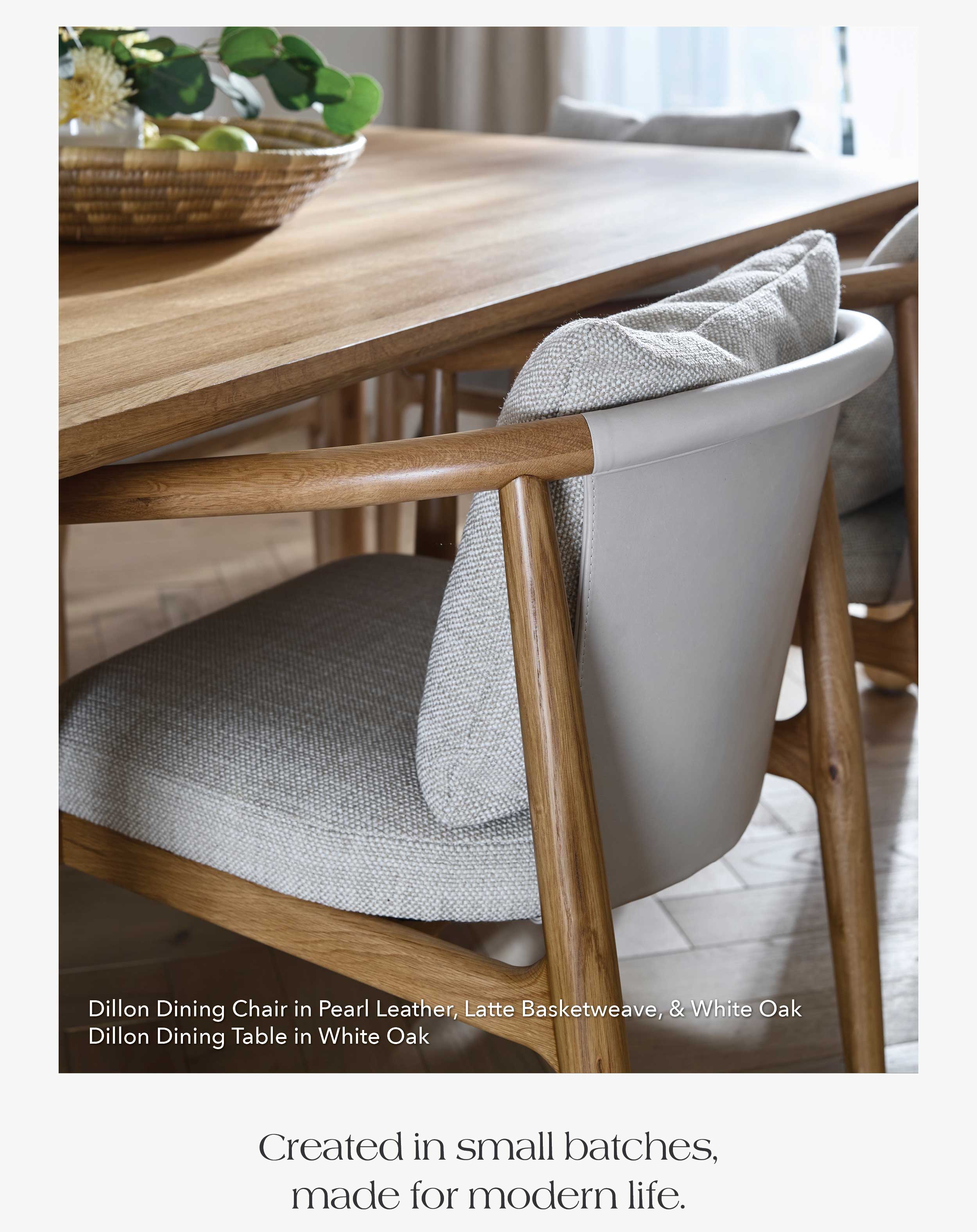 Dillon Dining Chair in Pearl Leather, Latte Basketweave, & White Oak