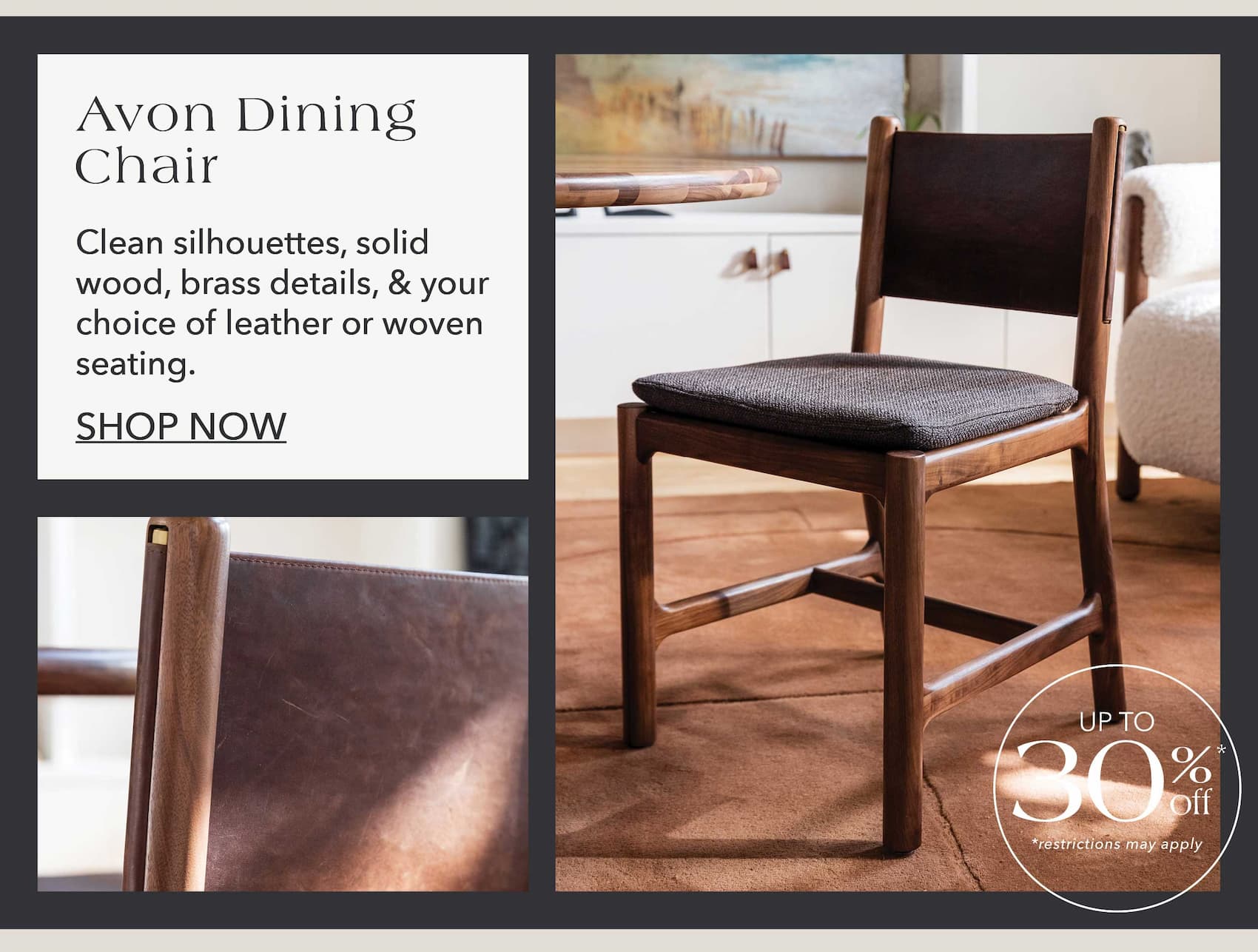 Avon Dining Chair, clean silhouettes, solid wood, brass details, & your choice of leather or woven seating.