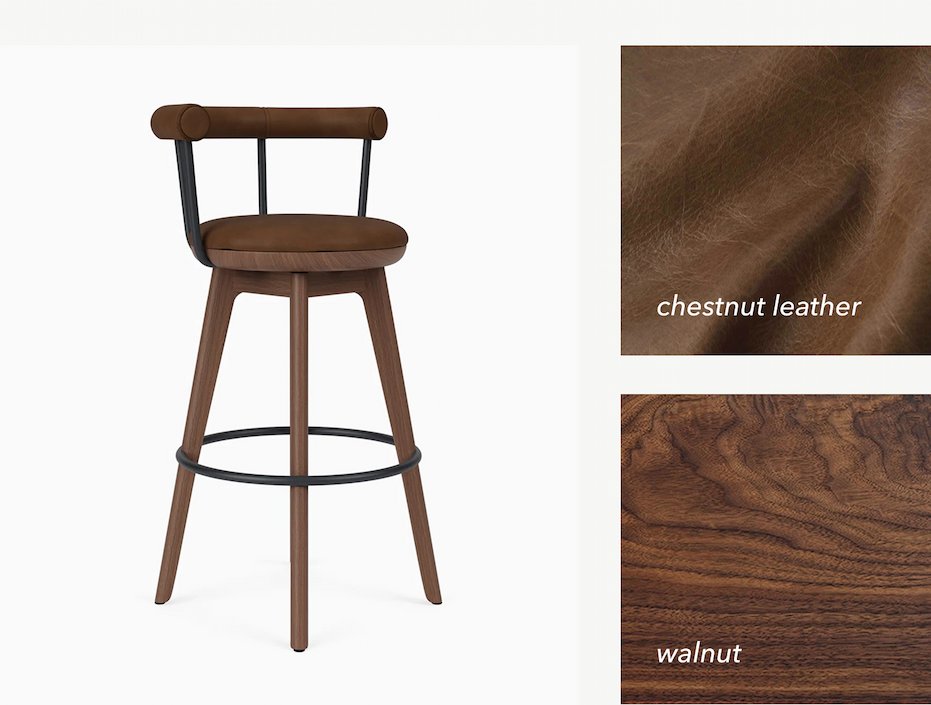 The Keystone Counter Stools in chestnut brown leather and walnut
