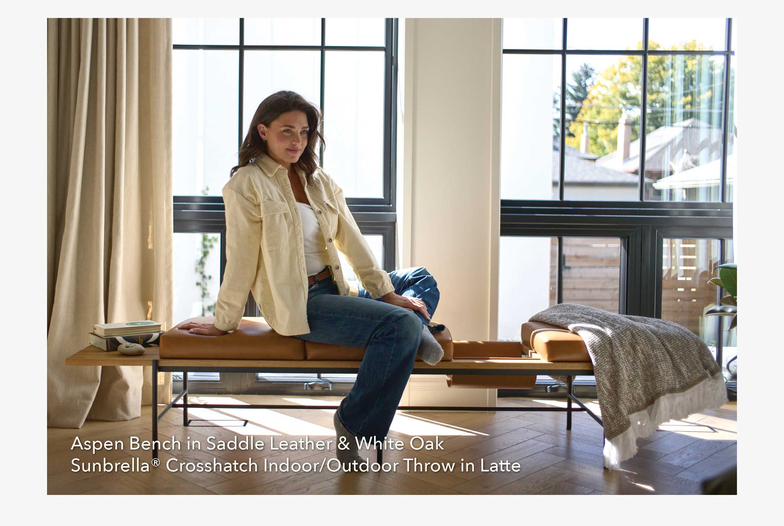 Aspen Bench in Saddle Leather & White Oak