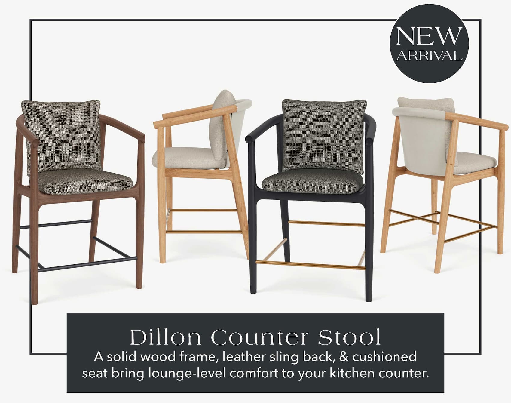 Dillon Counter Stool - A solid wood frame, leather sling back, & cushioned seat bring lounge-level comfort to your kitchen counter.