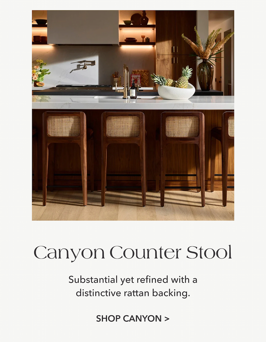 Canyon Counter Stool — Substantial yet refined with a distinctive rattan backing.