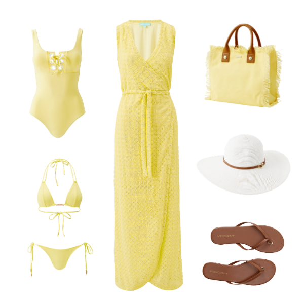 Cutouts: London Yellow Swimsuit, Girona Yellow Bikini, Zima Yellow Dress, Porto Cervo Yellow, Jemima White and Sandals Tan