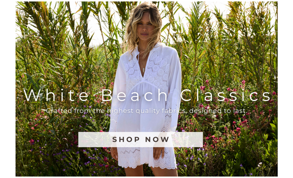 White Beach Dresses - model wears the Sebena White Kaftan
